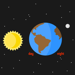 Day and night seen from space. Flat illustration of planet, sun and moon.