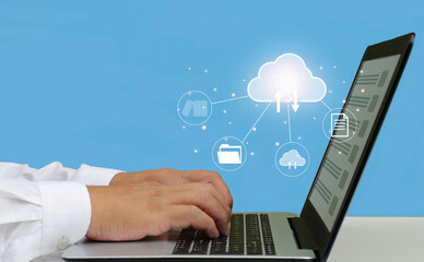 Businessman using tablet showing cloud computing diagram in hand cloud technology Network Storage and Documentation Internet Concepts and Storage Technology