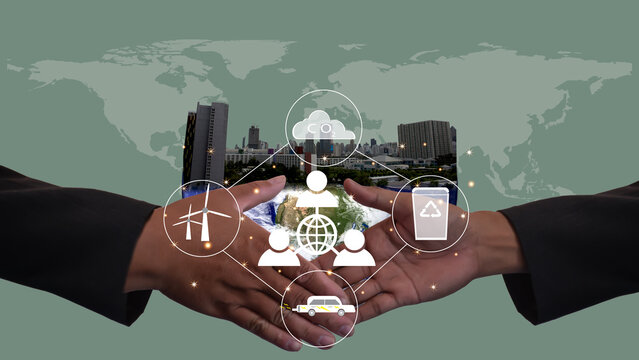 Energy Conservation Concept.Energy saving collaboration, Alternative energy use and the changing world, electric car in concept of green energy and eco power produced reduce CO2 emission.