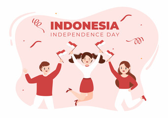 Indonesia Independence Day on August 17th with Traditional Games, Flag Red White and People Character in Flat Cute Cartoon Background Illustration