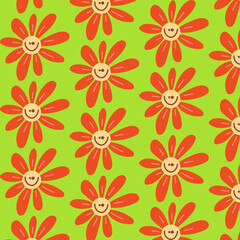 Fototapeta na wymiar Groovy retro daisies pattern. Hippie Aesthetic. 70s, 80s, 90s vibes background