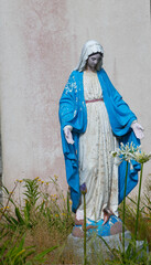 Fototapeta na wymiar old weathered garden statue of virgin mary reaching hands out in blue and white in park with flowers religious garden gnome outdoor garden decoration in with flowers in foreground vertical format