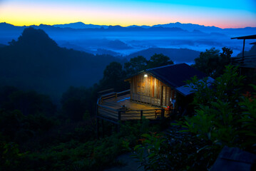 Cabins, shelters and stars at morning, Baan JABO Mae Hong Son, Baan JABO one of the most amazing Mist in Thailand.