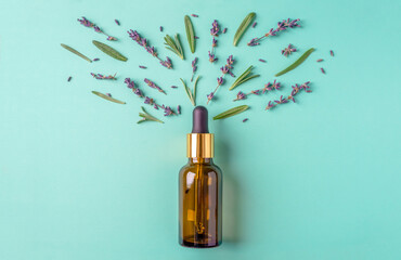 Bottle of cosmetic oil with leaves and flowers on a blue-green background. Concept of lavender...