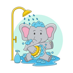 Cartoon illustration of a cute elephant taking a shower