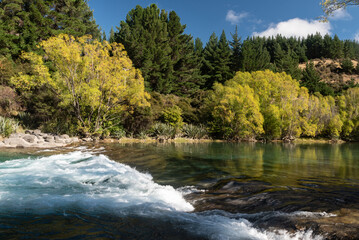Fototapeta na wymiar An artificial weir on the Hawea River created to provide water sports opportunities. River in the foreground, forest in the background, on a bright, sunny, summer's day. Otago, South Island, New Zeala