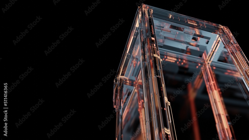 Poster 3d rendering of abstract technology background. glass glossy blocks with glowing led digital data. f