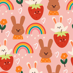 seamless pattern cartoon bunny, rainbow and pink sky. cute wallpaper for kids, fabric print, textile