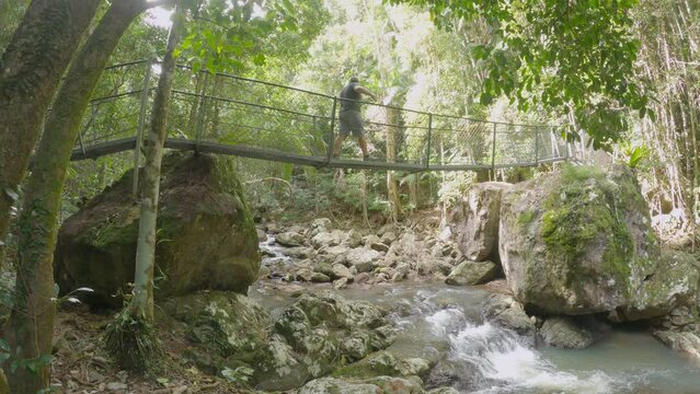 Middle aged male walking across suspension bridge. Beautiful rainforest nature. Baxter Creek. Kondalilla National Park, Queensland. Australia.