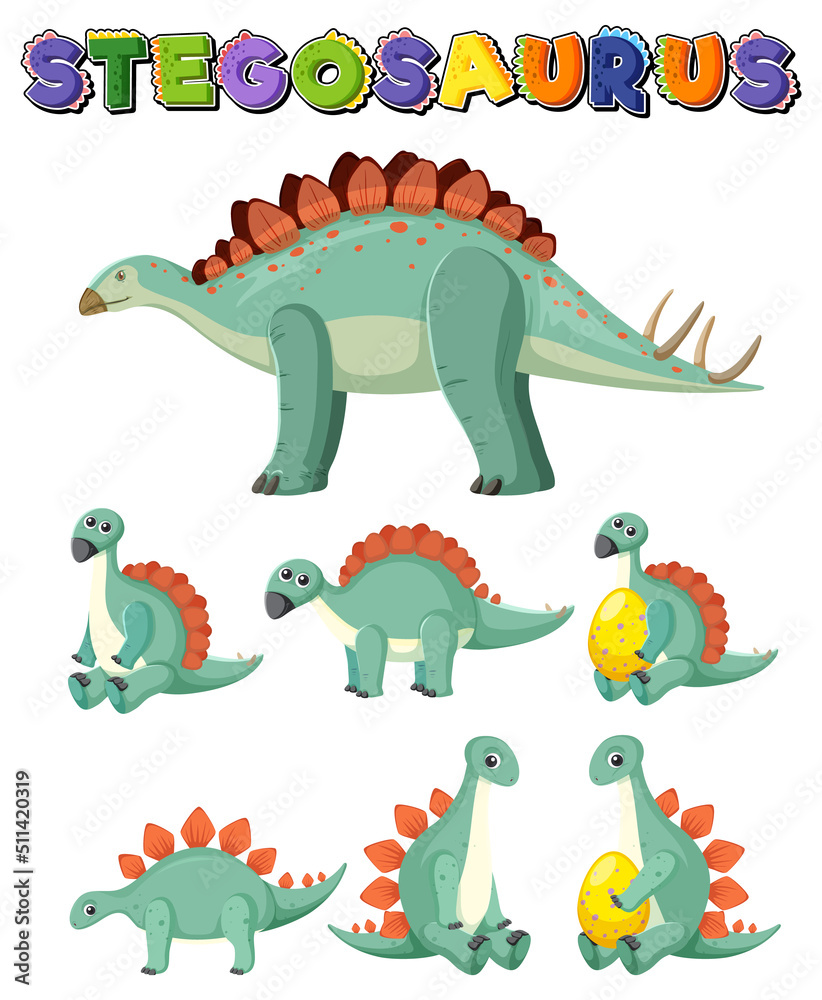 Wall mural Set of cute stegosaurus dinosaur cartoon characters