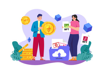 NFT trading Illustration concept. Flat illustration isolated on white background.