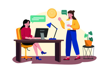 Girl chatting with employees