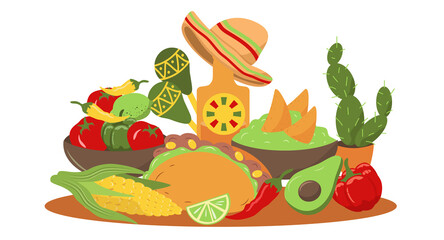 vector illustration in a flat style on the theme of Mexican cuisine. mexican food - tacos, nachos, guacamole