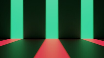 Product display or green and red background for models with three front lights. Illuminated empty room to place products