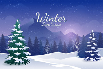 Winter night landscape with pine forest, mountains and snowfall