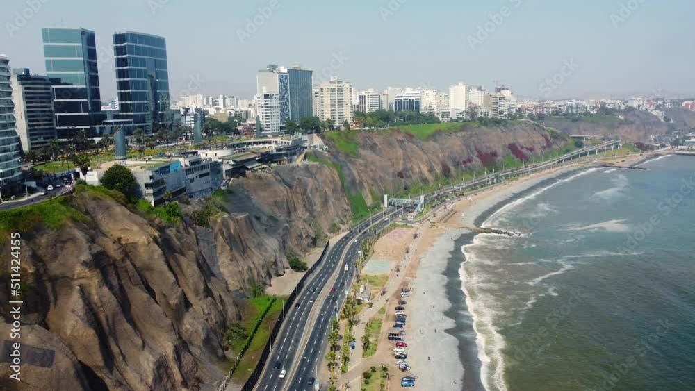 Wall mural Lima, Peru: Aerial drone footage of the luxury Miraflores district along the Costa Verde coast and highway and the Pacific ocean in Peru capital city in south America. Shot with a forward motion