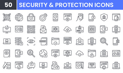 Fototapeta na wymiar Security and Protection vector line icon set. Contains linear outline icons like Computer Network Security, Cyber Security, Firewall, Shield, Password, Internet, Phishing. Editable use and stroke.