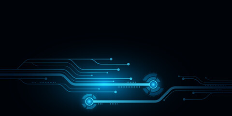 Modern technology background with circuit computer board. HUD rounds with light effect. Big data. Software. Digital hi-tech concept. Vector Illustration