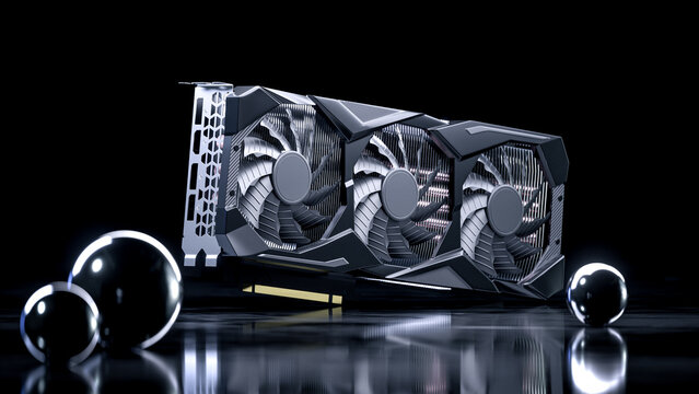 3d render of modern graphics or video card for gamer or crypto mining with hard edges and fans industrial design with black dark elegant lighting and studio light for dramatic close up visualization