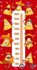Fototapeta na wymiar Funny mexican nachos chips characters kids height chart. Measure ruler of children growing vector wall sticker with cartoon corn tortilla nachos, sombrero hats, maracas, guitars and confetti