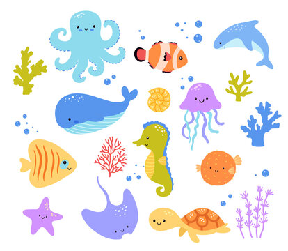 Set of cute cartoon sea animals isolated on white background. Vector whale, fish, octopus and turtle illustrations for kids. Flat childish clipart