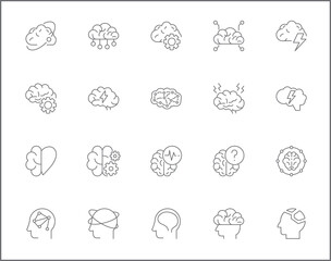 Simple Set of brain Related Vector Line Icons. Contains such Icons as memory, mind, light bulb, brainstorming, human brain, psychology, thinking and more.