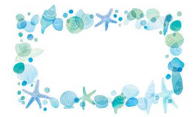 Fototapeta na wymiar 水彩画。水彩タッチの夏の貝殻ベクターフレーム。爽やかブルーの貝殻背景。Watercolor. Summer seashell vector frame with watercolor touch. Fresh blue seashell background.
