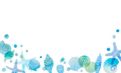 Fototapeta na wymiar 水彩画。水彩タッチの夏の貝殻ベクターフレーム。爽やかブルーの貝殻背景。Watercolor. Summer seashell vector frame with watercolor touch. Fresh blue seashell background.