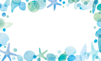 水彩画。水彩タッチの夏の貝殻ベクターフレーム。爽やかブルーの貝殻背景。Watercolor. Summer seashell vector frame with watercolor touch. Fresh blue seashell background. - obrazy, fototapety, plakaty