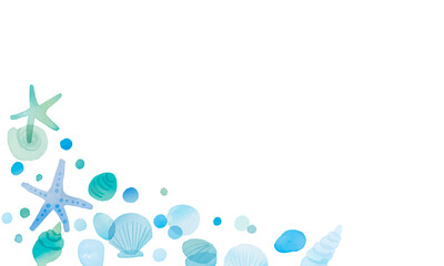 水彩画。水彩タッチの夏の貝殻ベクターフレーム。爽やかブルーの貝殻背景。Watercolor. Summer seashell vector frame with watercolor touch. Fresh blue seashell background.