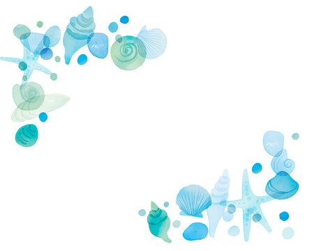 水彩画。水彩タッチの夏の貝殻ベクターフレーム。爽やかブルーの貝殻背景。Watercolor. Summer seashell vector frame with watercolor touch. Fresh blue seashell background.