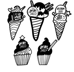 Ice cream hand lettering quote. Vector illustration
Adulting happens, ice cream helps
All you need is ice cream
Ice cream solves all