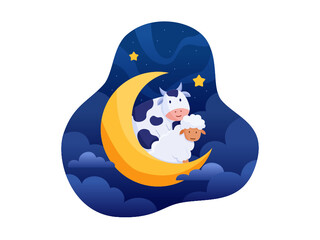 Eid Al Adha Cartoon Illustration With Cute Sheep And Cow In Crescent Moon At Night.
Suitable for Greeting card, postcard, poster, banner, print, web, landing page, book, flyer, etc