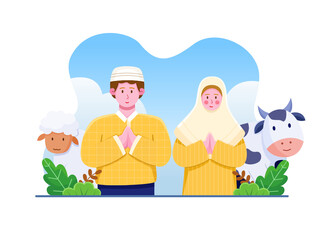 A Muslim Couple Greeting Happy Eid Al Adha with cow and sheep in the back Cute Cartoon Illustration.
Suitable for greeting card, infographic, poster, banner, web, print, etc.