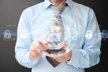 Businessman using smartphone with padlock protecting business and information data with virtual network connection, Innovation technology develop smart solution from digital attack, Cyber security