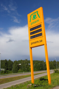 Orkeljunga, Sweden - June 13, 2022: Gasoline price information sign at the service station operated by the Preem brand.