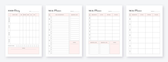 Meal Planner Printable Template. Food Planner Printable Template. Weekly meal planner, breakfast, lunch, dinner and snacks schedule template. 4 set of Meal & Food Planner Template. Planner Bundle.