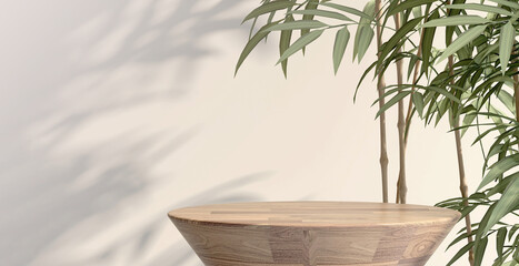 3D render background for natural beauty health products overlay display template. Blank empty oak wood table with green bamboo plants, Beige wall. Podium, Stand, Presentation, Backdrop, Chinese, Zen - obrazy, fototapety, plakaty