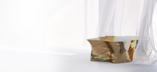 Luxury gold stylish podium, blank empty space for beauty cosmetic or jewelry products display with blowing satin sheer curtains and sunlight. 3D render, Templates, Mock up, Background, Premium, Shinny
