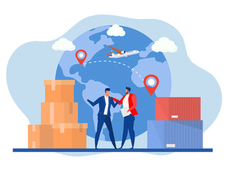 businessman shake hands, metaphor for logistics and business meetings Delivery logistics service for tiny businessman flat vector illustration.  website design or landing web page - obrazy, fototapety, plakaty