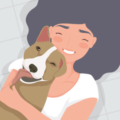 woman hugging dog mascot