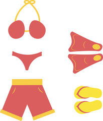 Summer beach clothes. Vector isolated swimsuit, shorts, flippers, flipflops. Flat red and yellow illustration