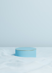 Light, pastel, baby blue 3D rendering minimal product display one luxury cylinder podium or stand on wavy textile product background wallpaper abstract composition with golden line