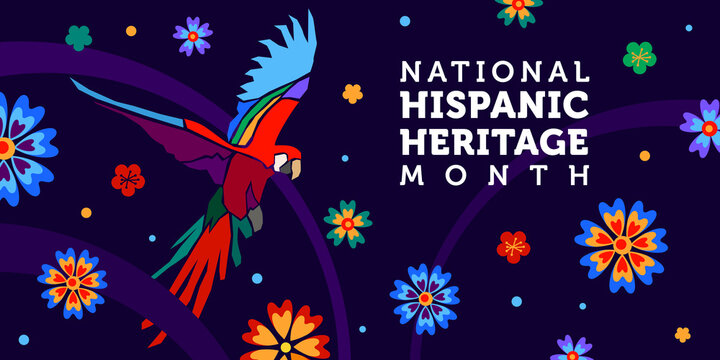 Vector web banner. Hispanic heritage month. Poster, card for social media, networks. Greeting with national Hispanic heritage month text on floral pattern background. Multicoloured parakeet, parrot.
