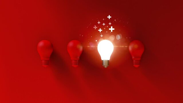 Light bulbs on red background. Positive idea thinking concept. 3D Illustration.