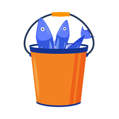 Bucket with fish semi flat color vector object. Full sized item on white. Equipment for seafood storage. Fishing activity. Simple cartoon style illustration for web graphic design and animation