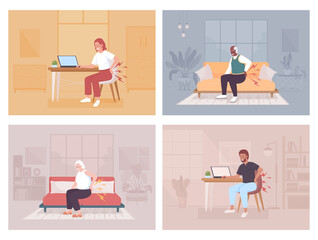 Backache and cramps flat color vector illustration set. Lower back pain while sitting. Osteoarthritis symptom. Fully editable 2D simple cartoon character collection with cozy interior on background