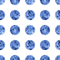 Polka dots seamless pattern. Blue watercolor circles on a white background.
