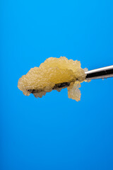 Live Resin Cannabis Concentrates on a titanium tool on a blue background