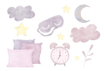 A set of watercolor illustrations on the theme of sleep in purple tones